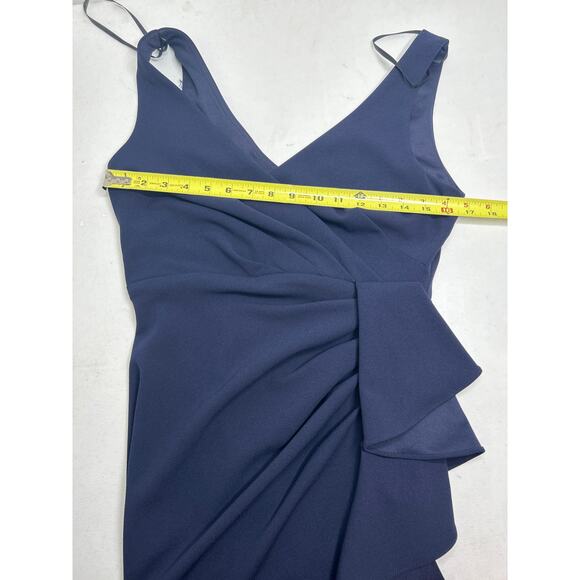 Betsy & Adam CANDACE LONG V- NECK HI LOW CASCADE DRESS in Navy. Size 6 - Picture 6 of 6